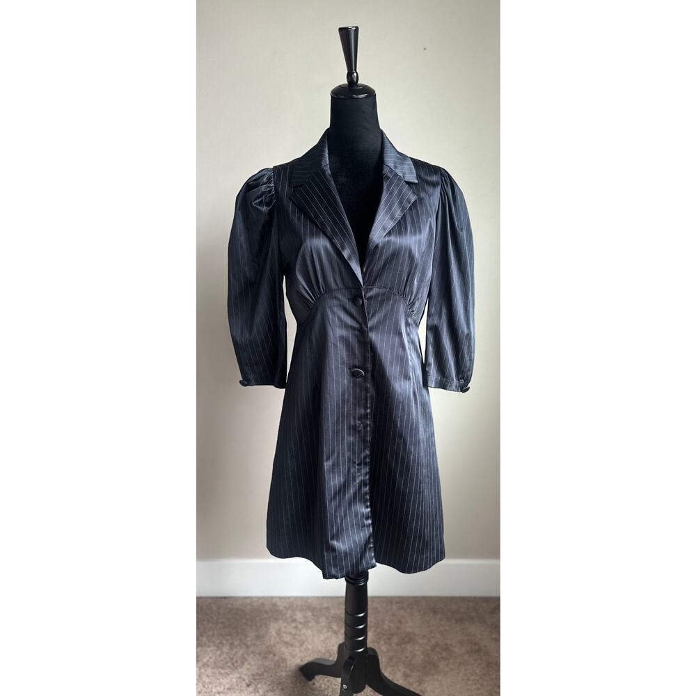 URBAN REVIVO PinStripe Puff Sleeve Midi Navy Jacket Dress Size 8